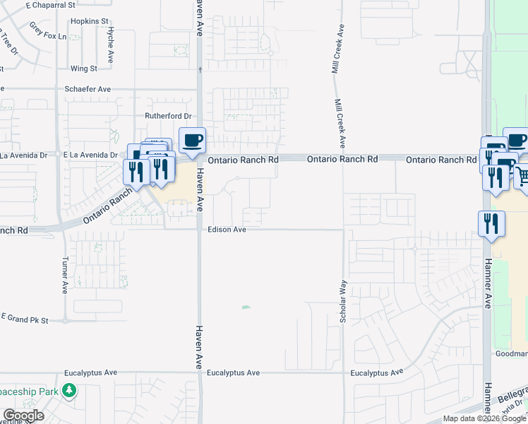 map of restaurants, bars, coffee shops, grocery stores, and more near 4151 South Cleome Paseo in Ontario
