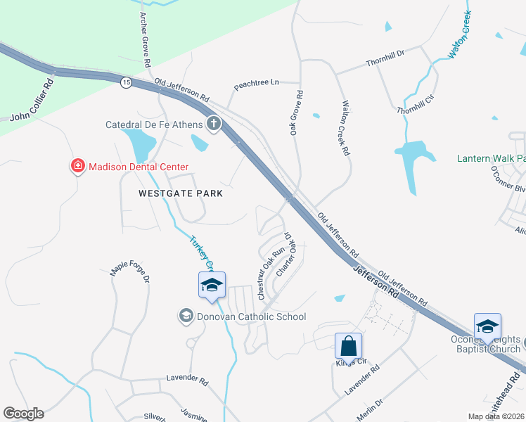 map of restaurants, bars, coffee shops, grocery stores, and more near 5 Oak Grove Road in Athens