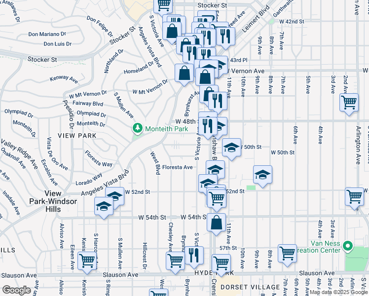 map of restaurants, bars, coffee shops, grocery stores, and more near 3482 Westmount Avenue in View Park-Windsor Hills