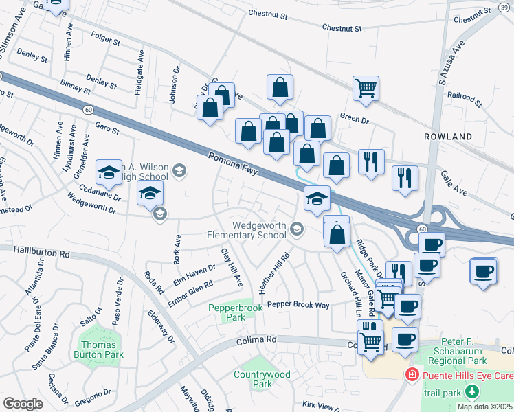 map of restaurants, bars, coffee shops, grocery stores, and more near 1504 Forest Glen Drive in Hacienda Heights