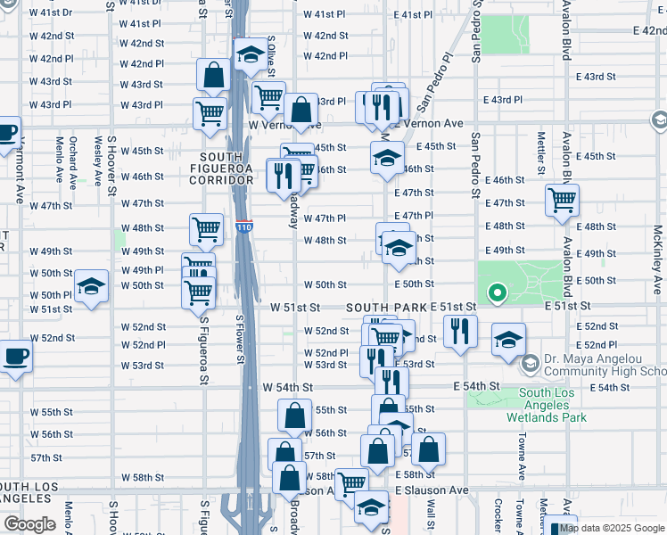 map of restaurants, bars, coffee shops, grocery stores, and more near 209 1/2 West 50th Street in Los Angeles