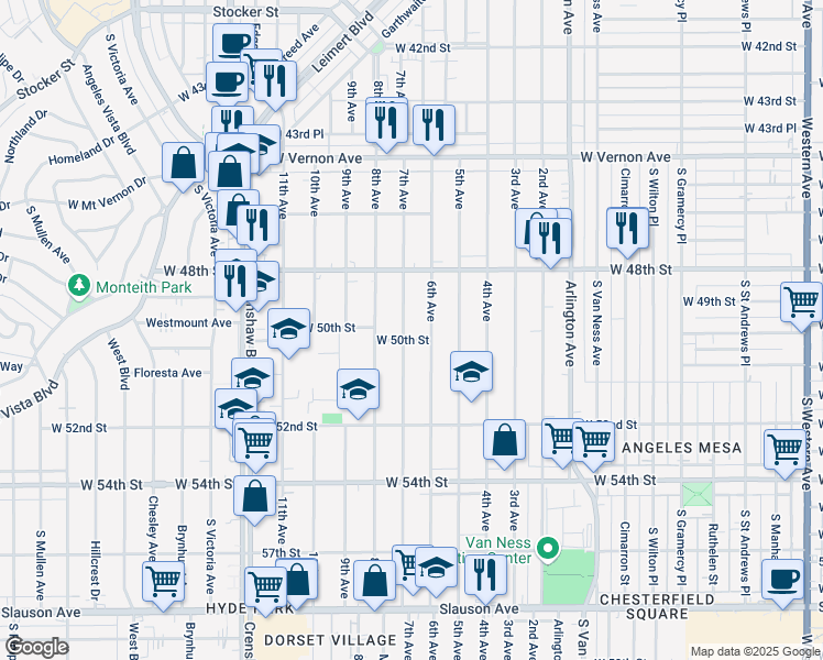 map of restaurants, bars, coffee shops, grocery stores, and more near 5006 7th Avenue in Los Angeles
