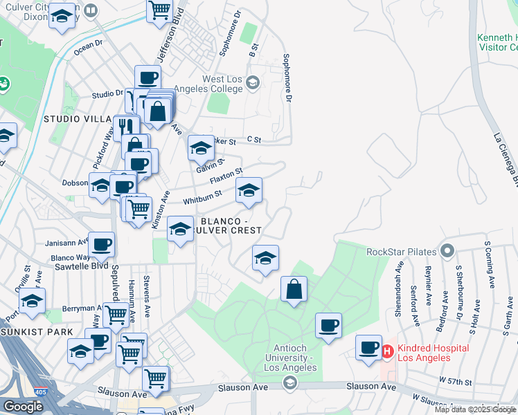map of restaurants, bars, coffee shops, grocery stores, and more near 10701 Cranks Road in Culver City