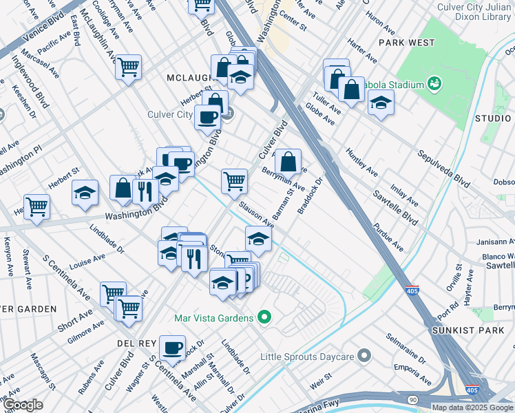 map of restaurants, bars, coffee shops, grocery stores, and more near 4521 South Slauson Avenue in Culver City