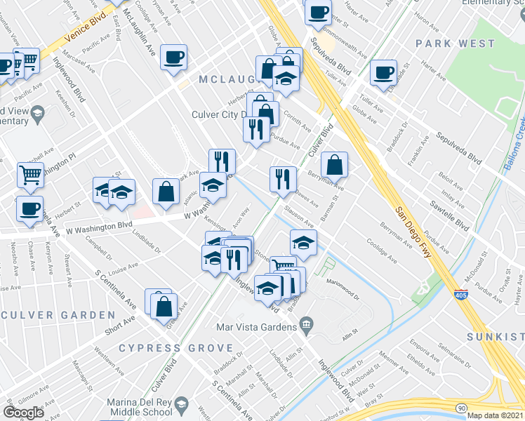 map of restaurants, bars, coffee shops, grocery stores, and more near 11761 Culver Boulevard in Los Angeles