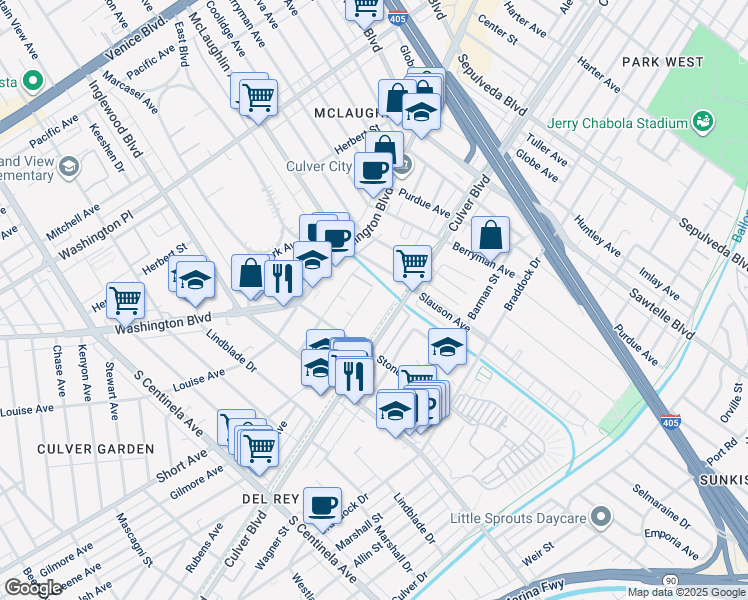 map of restaurants, bars, coffee shops, grocery stores, and more near 11761 Culver Boulevard in Los Angeles
