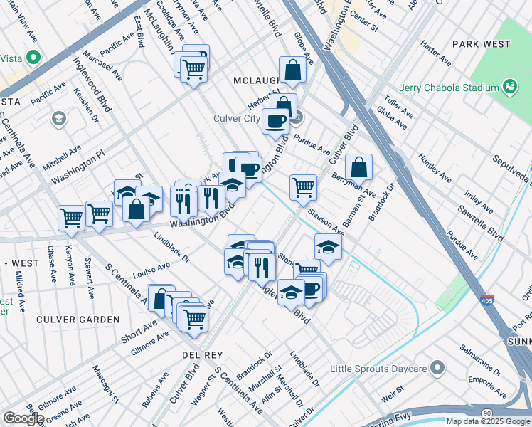 map of restaurants, bars, coffee shops, grocery stores, and more near 11823 Avon Way in Los Angeles