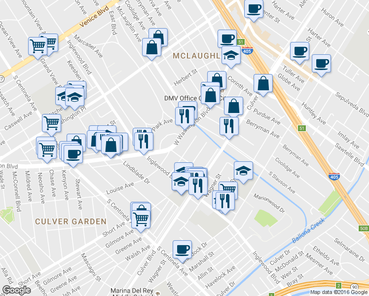 map of restaurants, bars, coffee shops, grocery stores, and more near in Culver City