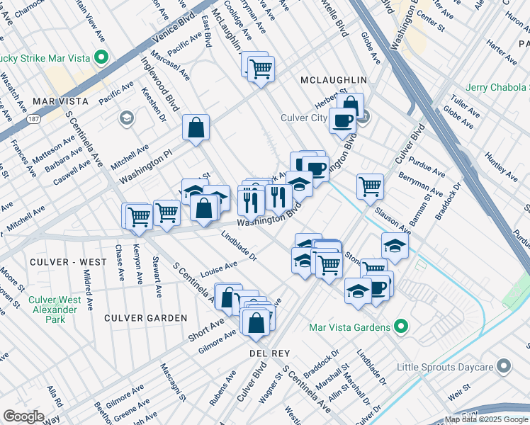 map of restaurants, bars, coffee shops, grocery stores, and more near 11928 Washington Boulevard in Los Angeles