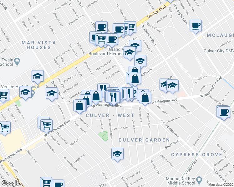 map of restaurants, bars, coffee shops, grocery stores, and more near 12510 Washington Boulevard in Los Angeles