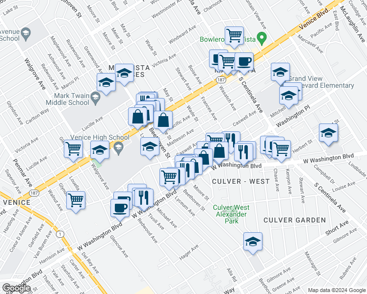 map of restaurants, bars, coffee shops, grocery stores, and more near 3939 Moore Street in Los Angeles