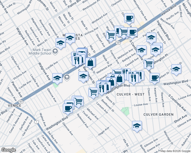 map of restaurants, bars, coffee shops, grocery stores, and more near 3939 Moore Street in Los Angeles