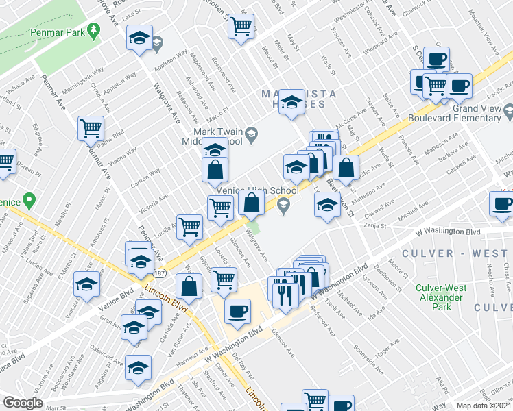 map of restaurants, bars, coffee shops, grocery stores, and more near in Los Angeles