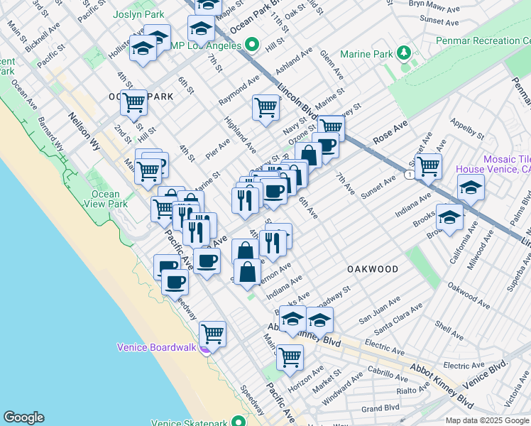 map of restaurants, bars, coffee shops, grocery stores, and more near 412 Rose Avenue in Los Angeles