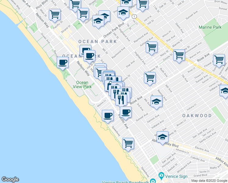 map of restaurants, bars, coffee shops, grocery stores, and more near 204 Main Street in Los Angeles