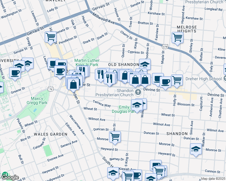 map of restaurants, bars, coffee shops, grocery stores, and more near 2401 Blossom Street in Columbia