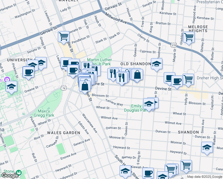 map of restaurants, bars, coffee shops, grocery stores, and more near 2305 Blossom Street in Columbia