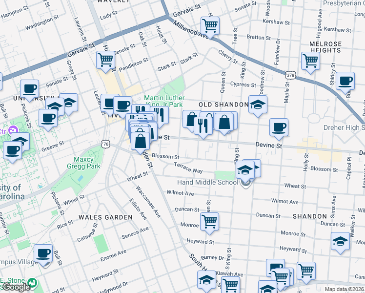 map of restaurants, bars, coffee shops, grocery stores, and more near 2305 Blossom Street in Columbia