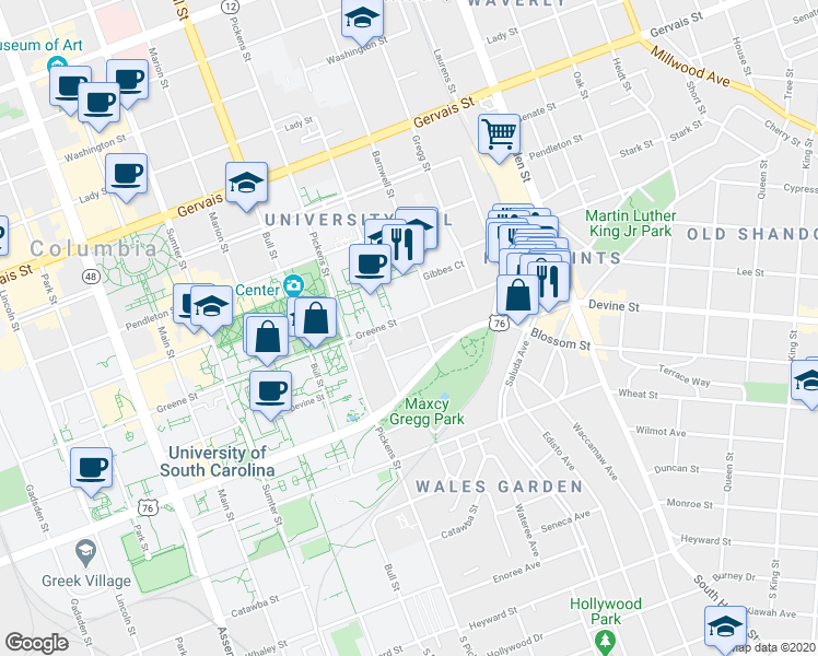 map of restaurants, bars, coffee shops, grocery stores, and more near 1717 Devine Street in Columbia