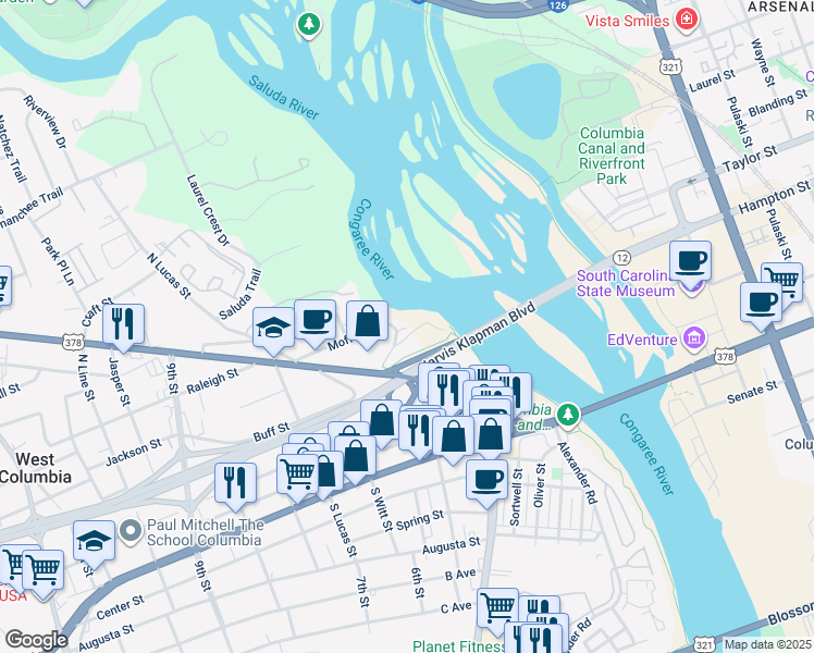 map of restaurants, bars, coffee shops, grocery stores, and more near 201 Riverside Drive in West Columbia
