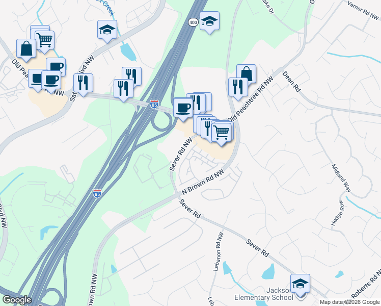 map of restaurants, bars, coffee shops, grocery stores, and more near 2378 Gallard Street in Lawrenceville