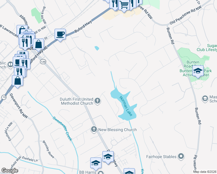 map of restaurants, bars, coffee shops, grocery stores, and more near 2917 Norman Circle Northwest in Duluth