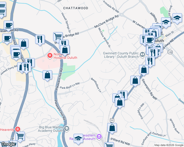 map of restaurants, bars, coffee shops, grocery stores, and more near 3549 Benthollow Lane in Duluth