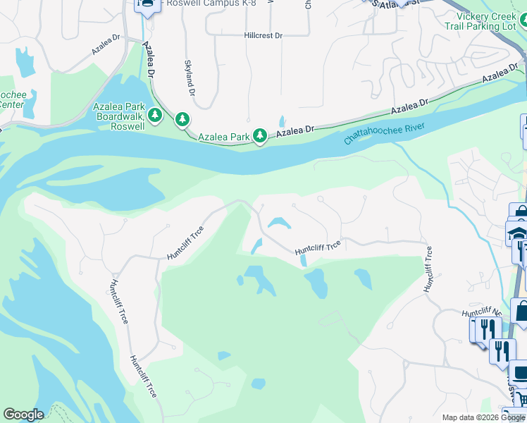 map of restaurants, bars, coffee shops, grocery stores, and more near 9075 Huntcliff Trce in Atlanta