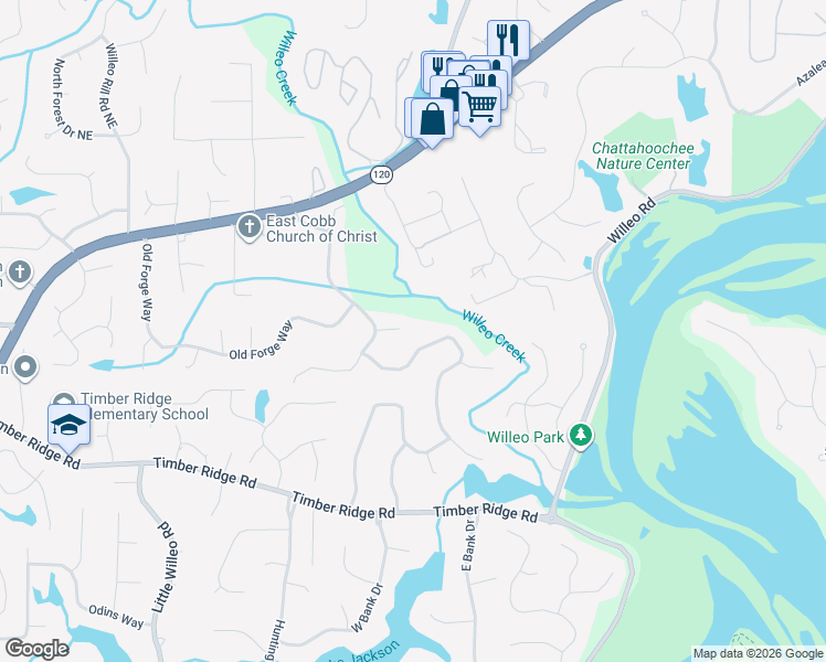 map of restaurants, bars, coffee shops, grocery stores, and more near 1975 Willeo Creek Point in Marietta