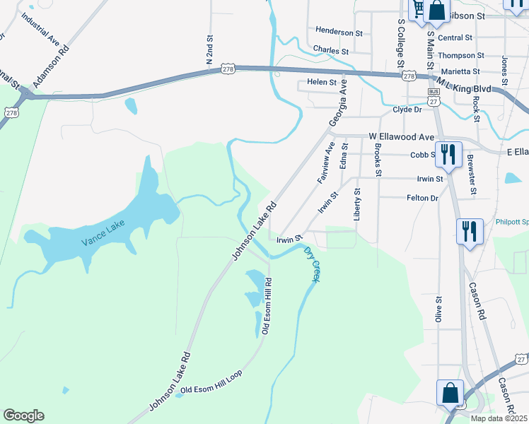 map of restaurants, bars, coffee shops, grocery stores, and more near Johnson Lake Road in Cedartown