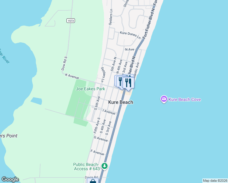 map of restaurants, bars, coffee shops, grocery stores, and more near 125 South 4th Avenue in Kure Beach