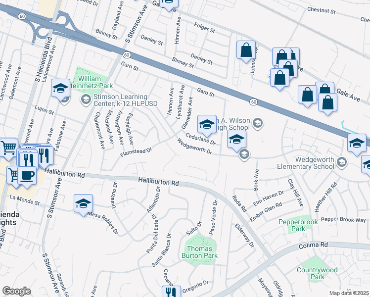 map of restaurants, bars, coffee shops, grocery stores, and more near 16290 Wedgeworth Drive in Hacienda Heights