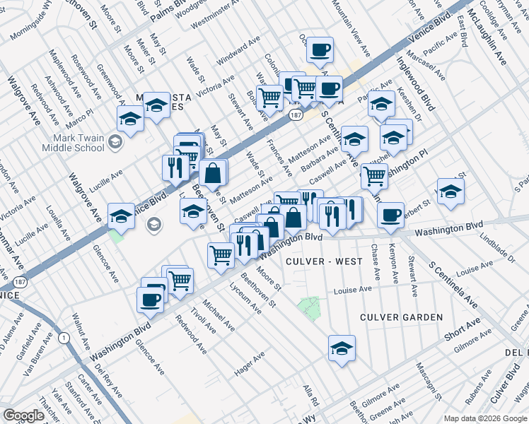 map of restaurants, bars, coffee shops, grocery stores, and more near 12770 Caswell Avenue in Los Angeles
