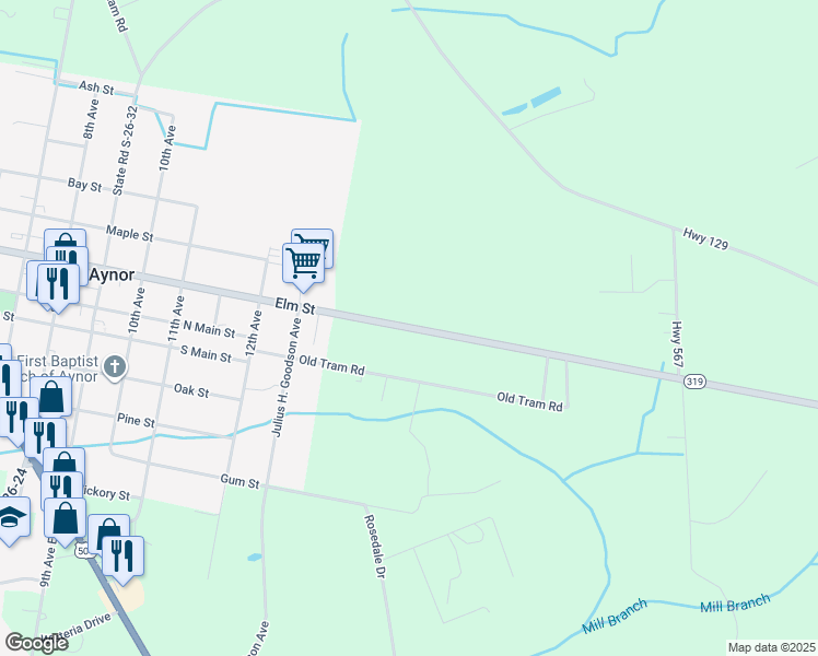 map of restaurants, bars, coffee shops, grocery stores, and more near 1213 Elm Street in Aynor