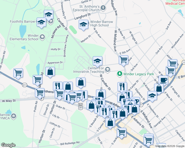 map of restaurants, bars, coffee shops, grocery stores, and more near 168 Melrose Street in Winder