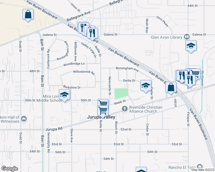 map of restaurants, bars, coffee shops, grocery stores, and more near 4947 Newcastle Street in Riverside