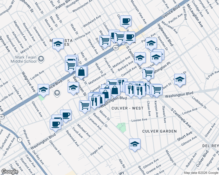 map of restaurants, bars, coffee shops, grocery stores, and more near 12707 Mitchell Avenue in Los Angeles