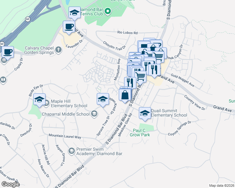 map of restaurants, bars, coffee shops, grocery stores, and more near 22915 Colombard Lane in Diamond Bar
