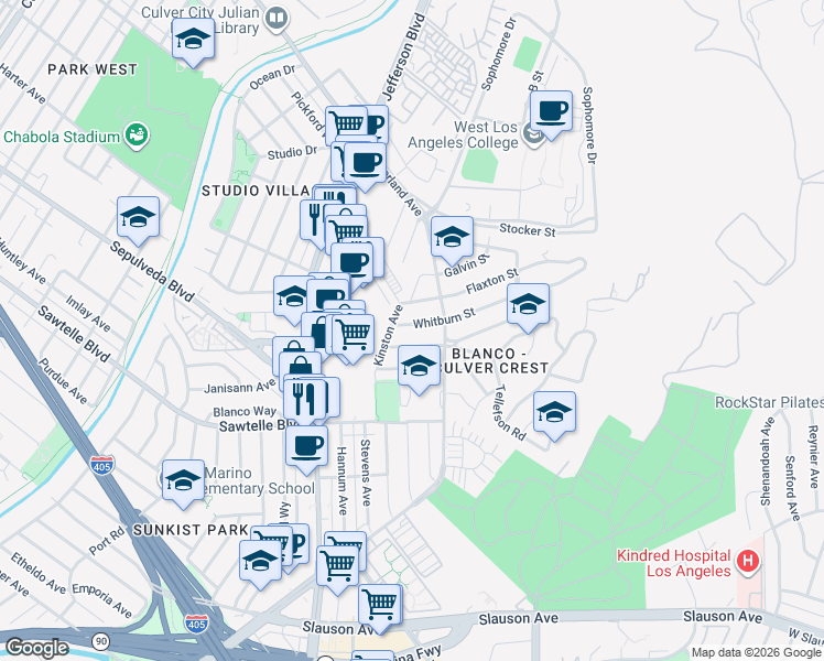 map of restaurants, bars, coffee shops, grocery stores, and more near 10906 Kelmore Street in Culver City