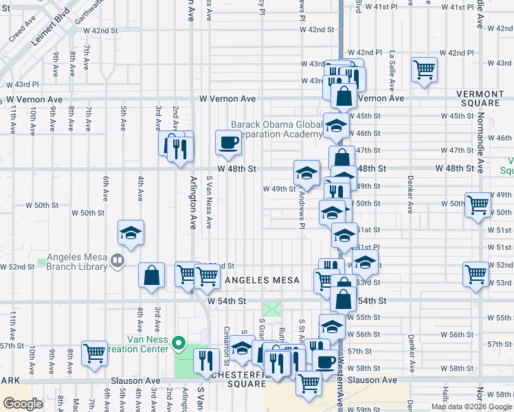 map of restaurants, bars, coffee shops, grocery stores, and more near 4929 South Gramercy Place in Los Angeles