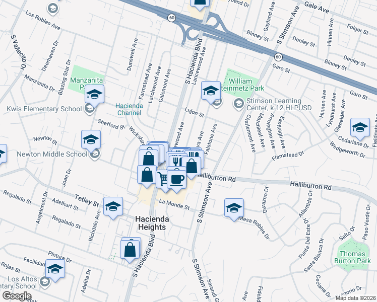 map of restaurants, bars, coffee shops, grocery stores, and more near 1910 Olympus Avenue in Hacienda Heights