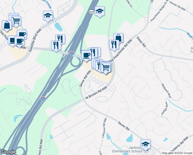 map of restaurants, bars, coffee shops, grocery stores, and more near 2378 Gallard Street in Lawrenceville