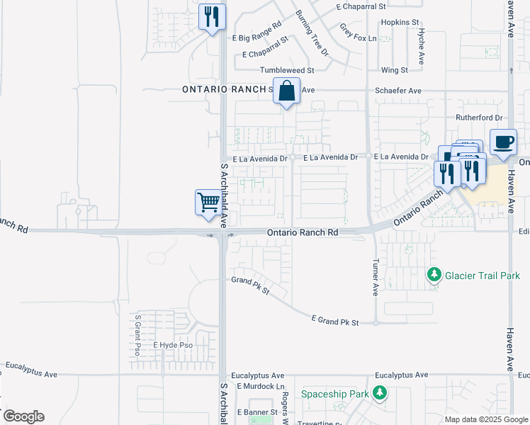 map of restaurants, bars, coffee shops, grocery stores, and more near 2845 East Berry Loop Privado in Ontario