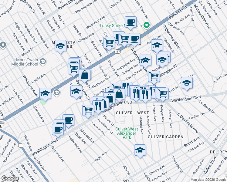 map of restaurants, bars, coffee shops, grocery stores, and more near 12710 Mitchell Avenue in Los Angeles