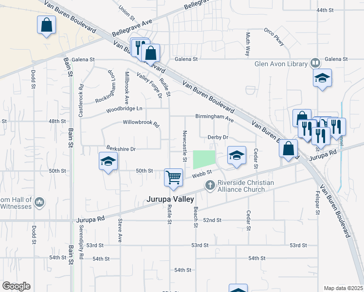 map of restaurants, bars, coffee shops, grocery stores, and more near 4947 Newcastle Street in Riverside