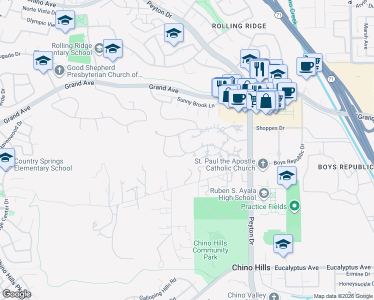 map of restaurants, bars, coffee shops, grocery stores, and more near 3056 Giant Forest Loop in Chino Hills