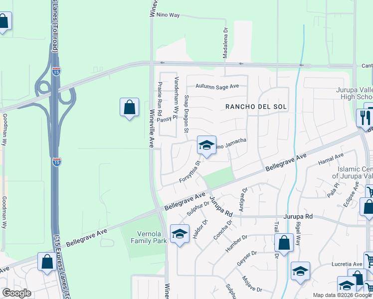 map of restaurants, bars, coffee shops, grocery stores, and more near 11662 Salvia Street in Jurupa Valley