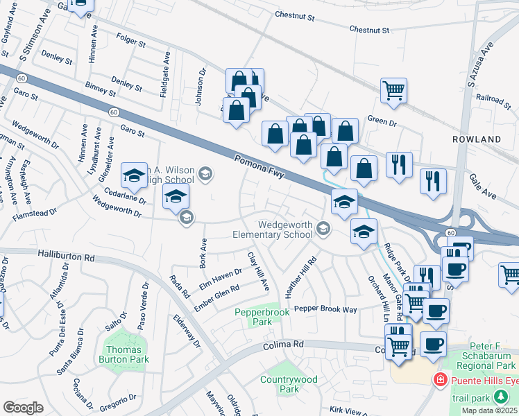 map of restaurants, bars, coffee shops, grocery stores, and more near 1456 Countrywood Avenue in Hacienda Heights