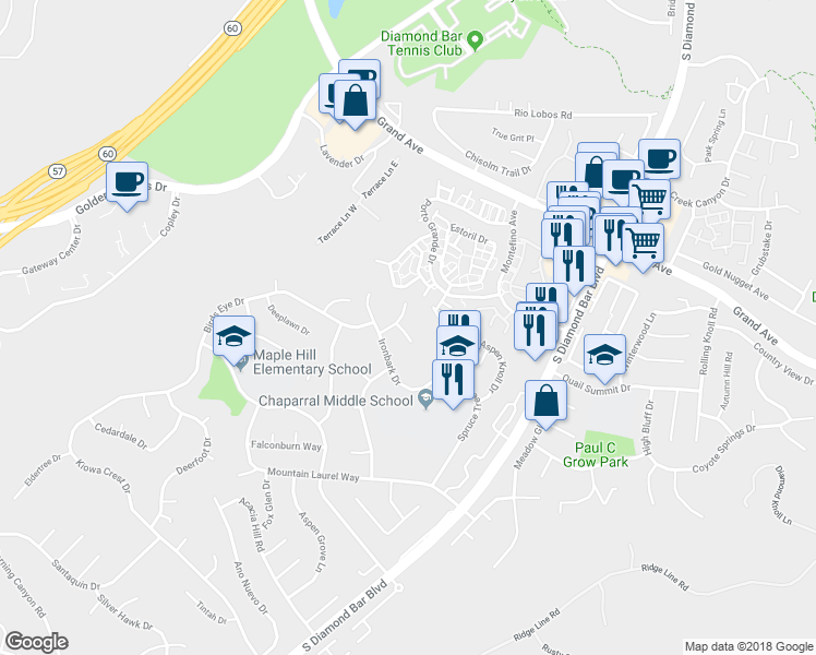 map of restaurants, bars, coffee shops, grocery stores, and more near 1308 Desert Willow Lane in Diamond Bar