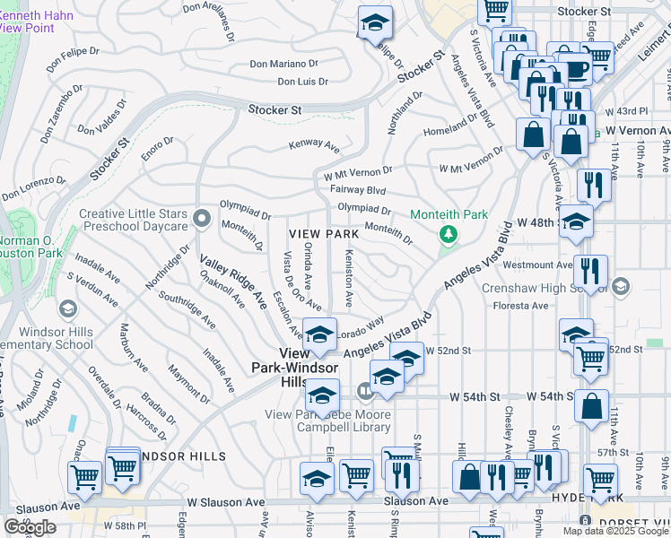 map of restaurants, bars, coffee shops, grocery stores, and more near 4884 Presidio Drive in View Park-Windsor Hills
